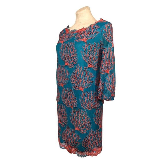 Lilly Pulitzer Cee Cee Dress Blue Snorkel Coral Mesh Lace Size 4 Drop Waist Long - Picture 4 of 15